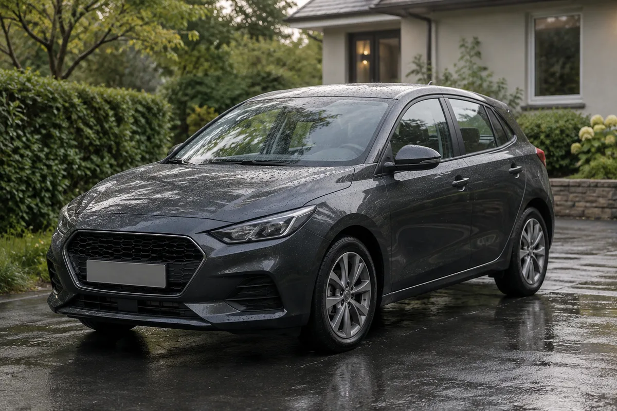 An unbranded compact car on a rain-damp residential driveway.